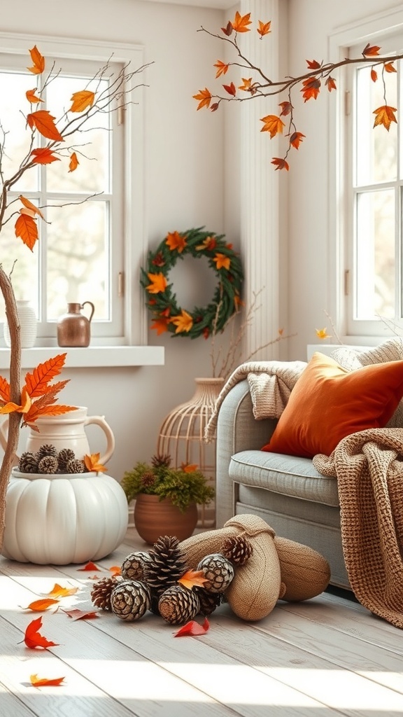 Cozy fall room with natural decor elements like branches, leaves, and pinecones.