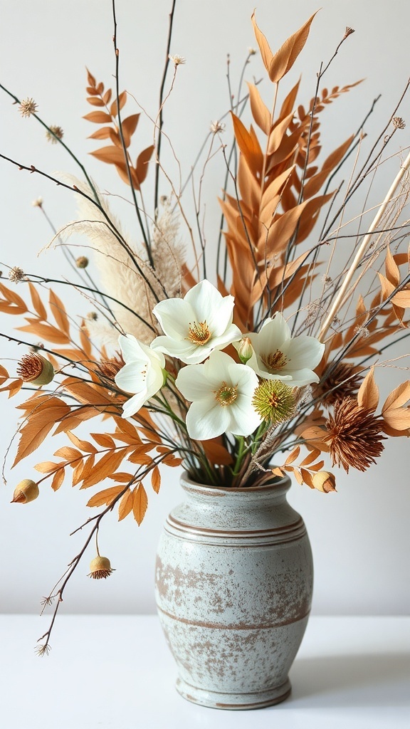 A vase filled with dried flowers and foliage in warm autumn colors.
