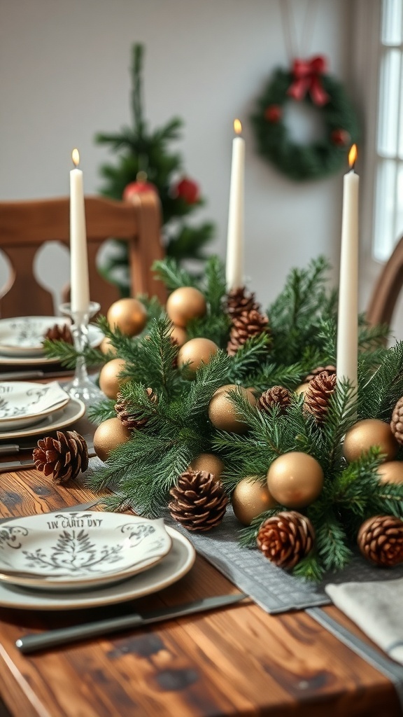 A Christmas dinner table setting with greenery, golden ornaments, and candles.