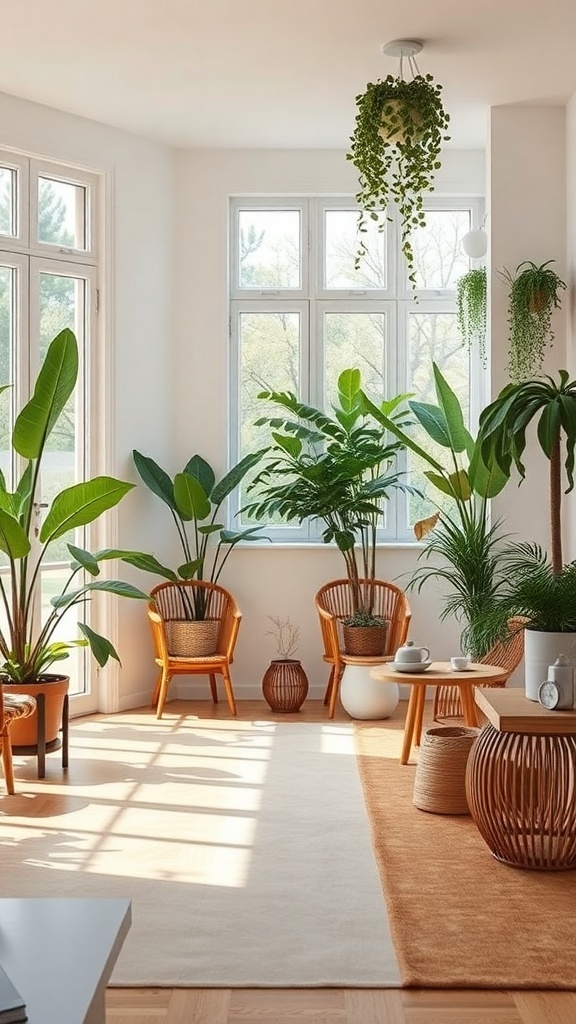 A bright room filled with various indoor plants and cozy seating, showcasing a modern farmhouse style.