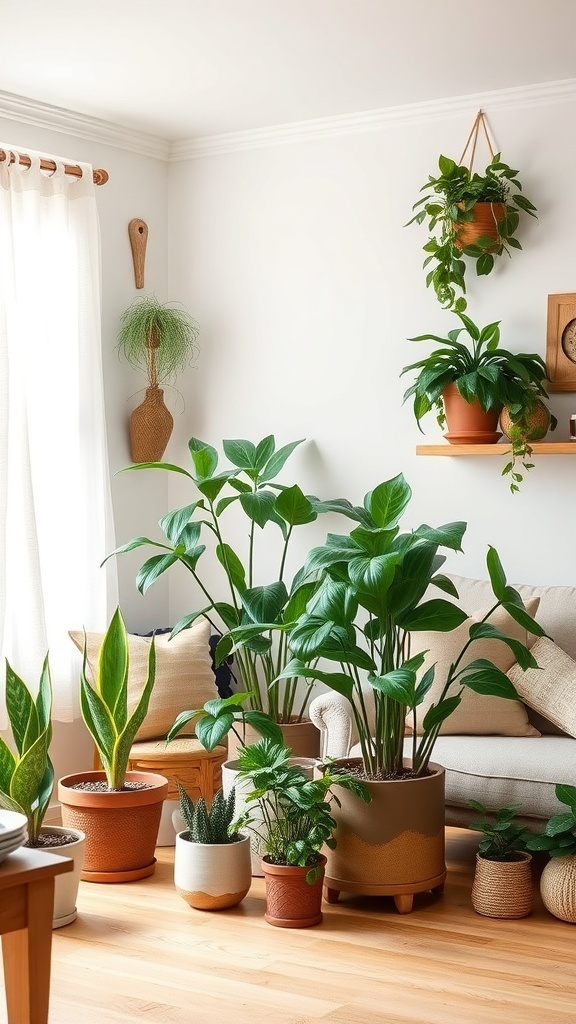 A cozy living room with various indoor plants in different pots, showcasing natural elements and greenery.