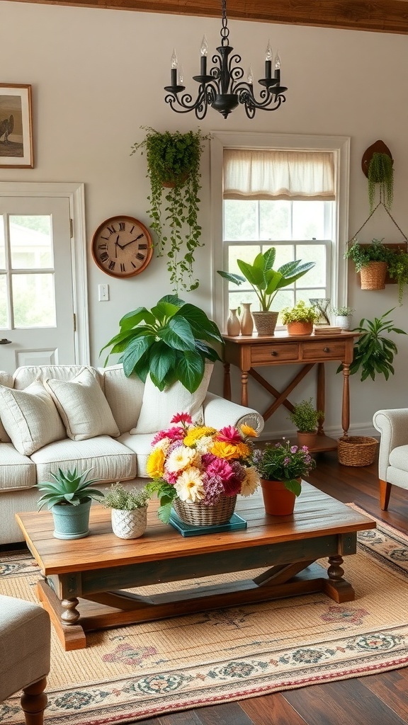 A cozy vintage farmhouse living room with plants and flowers.