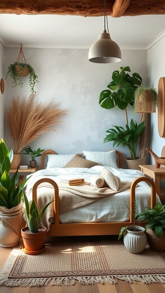 A rustic farmhouse bedroom featuring natural elements and greenery.