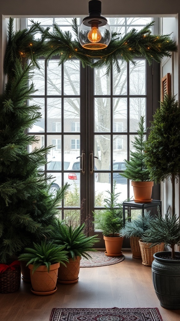 A cozy winter room with potted plants and evergreen branches near a window.