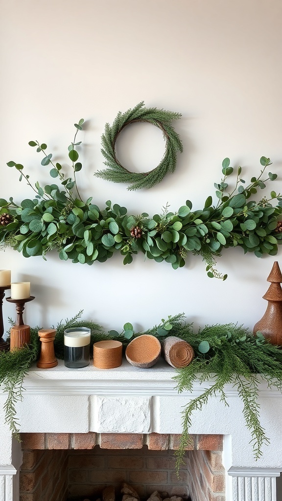 A winter mantle decorated with greenery, candles, and wooden accents.