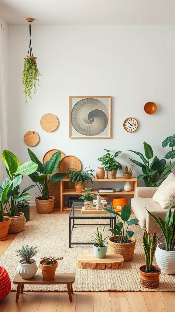 A cozy living room filled with various plants in decorative pots, featuring natural elements and a warm atmosphere.