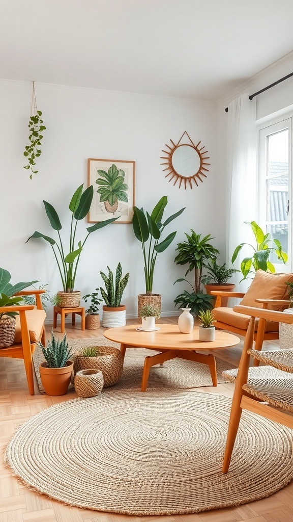 A bright and airy living room with various houseplants, natural wood furniture, and a woven rug.