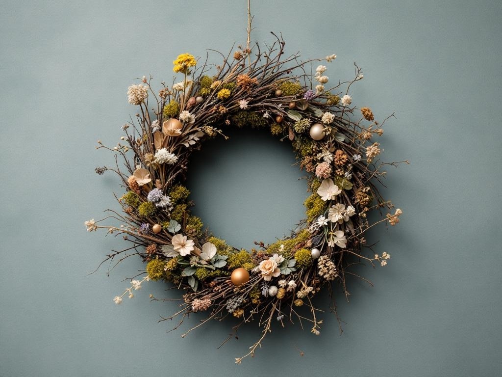 A Thanksgiving wreath made of twigs, dried flowers, and moss, featuring earthy tones and gold accents.