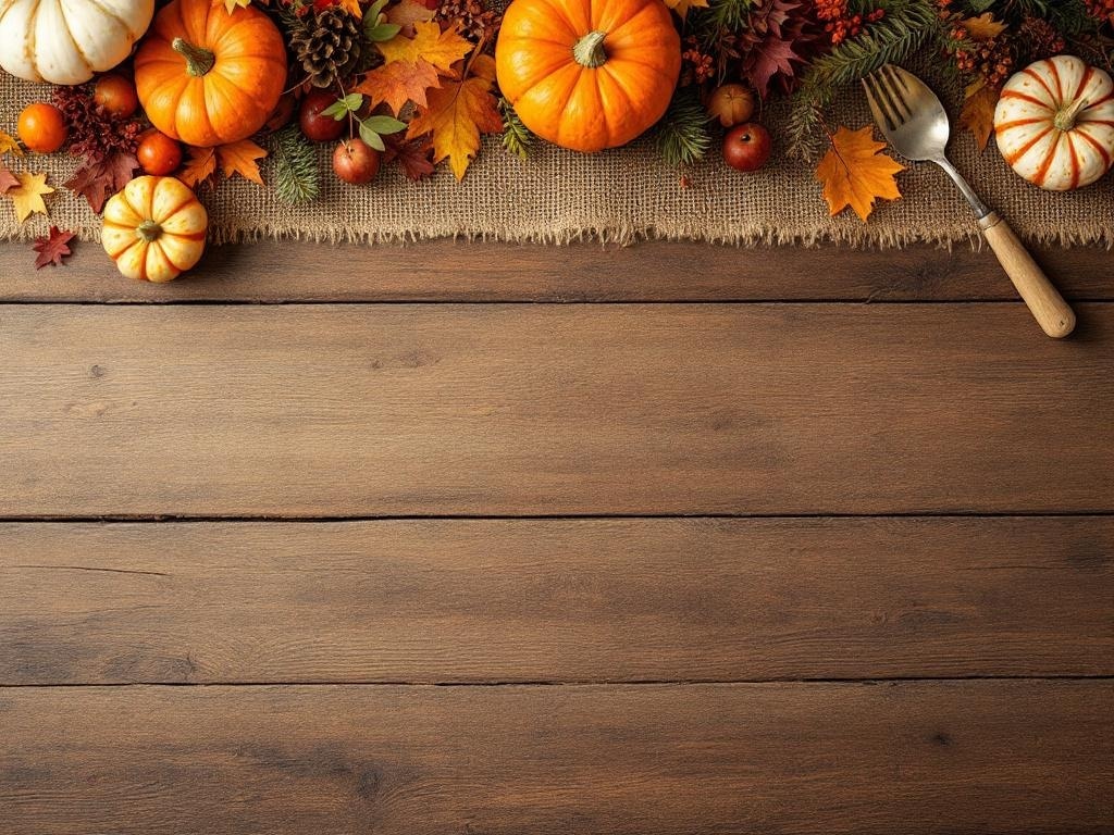A rustic Thanksgiving table setting featuring pumpkins, leaves, and pinecones on a burlap runner.