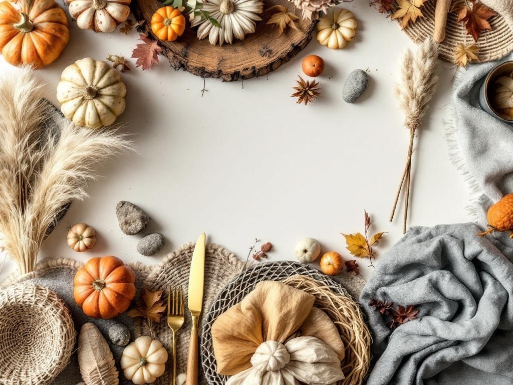 A boho Thanksgiving table featuring pumpkins, dried flowers, and textured fabrics.