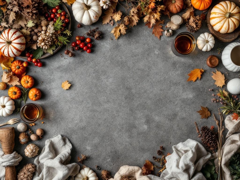 A Thanksgiving table setting featuring pumpkins, leaves, nuts, and natural textures.
