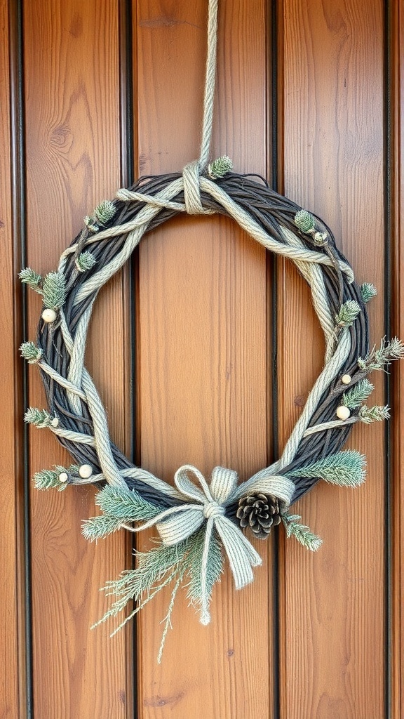 A twine wreath with natural elements like greenery and a pinecone, hanging on a wooden door.