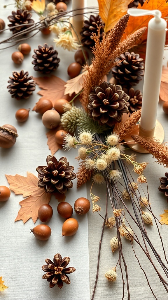 A Thanksgiving table setting featuring pinecones, acorns, dried leaves, and candles.