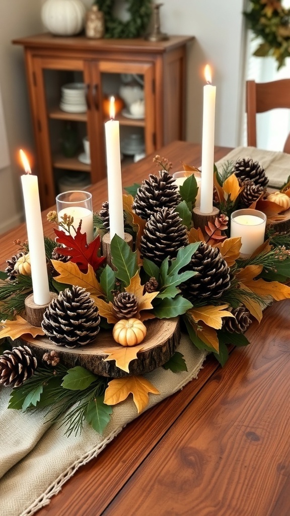A Thanksgiving table centerpiece featuring candles, pinecones, and greenery.