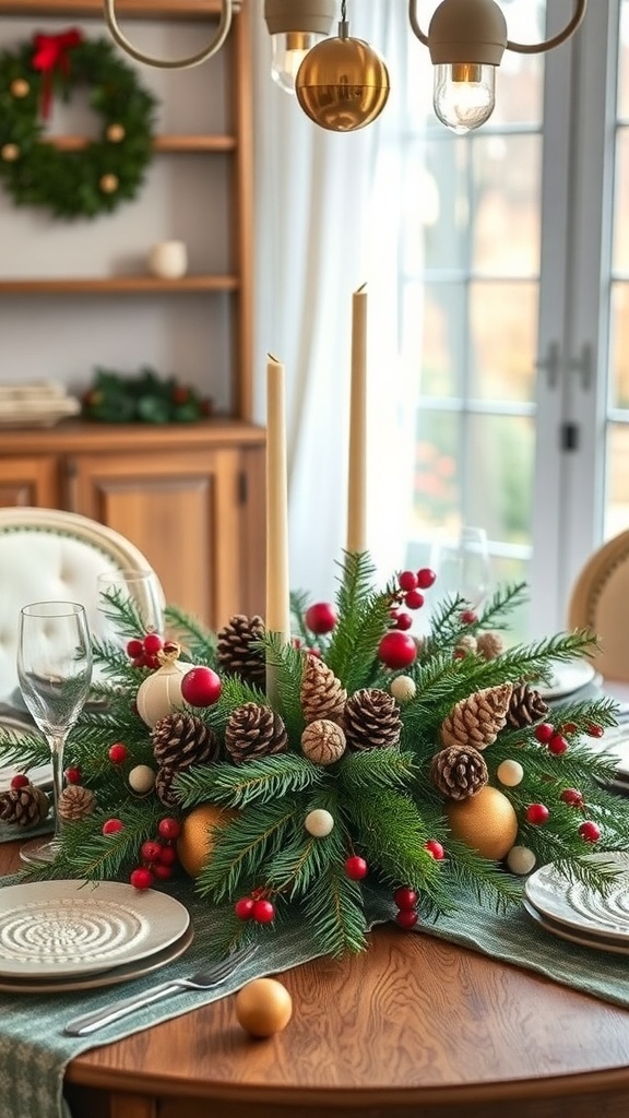 A beautifully arranged centerpiece featuring pinecones, berries, and greenery on a dining table.