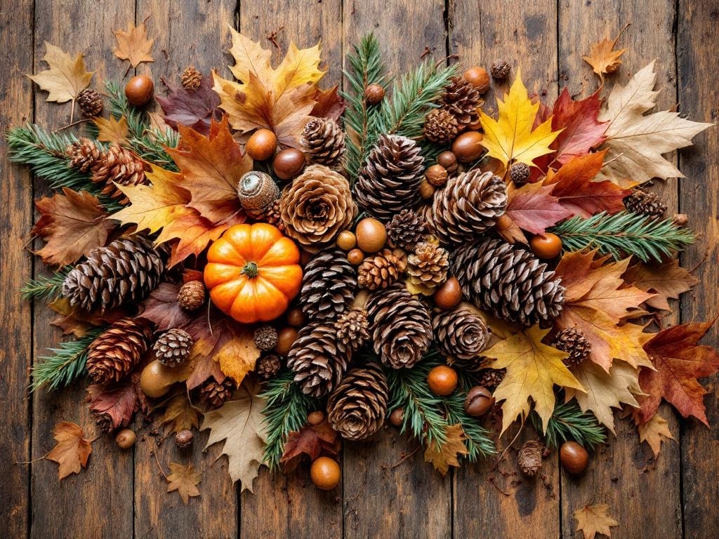 A rustic Thanksgiving centerpiece featuring autumn leaves, pinecones, and a small pumpkin on a wooden surface.