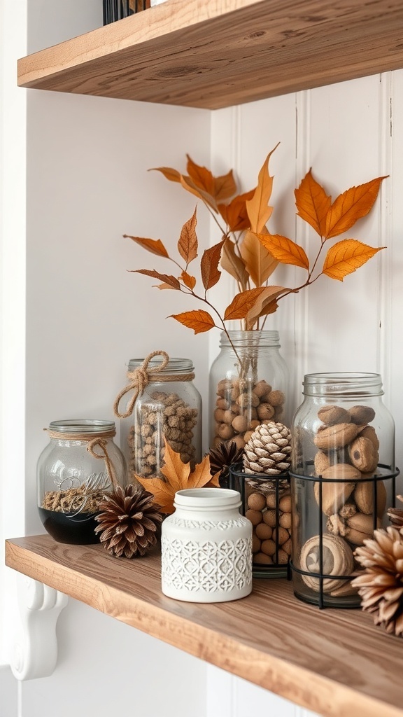A shelf displaying jars filled with acorns, pinecones, and dried leaves, creating a cozy fall decoration.