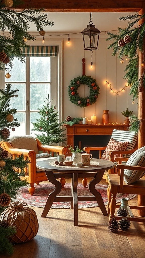 A cozy winter room with natural elements like pinecones, wooden furniture, and evergreen decorations.