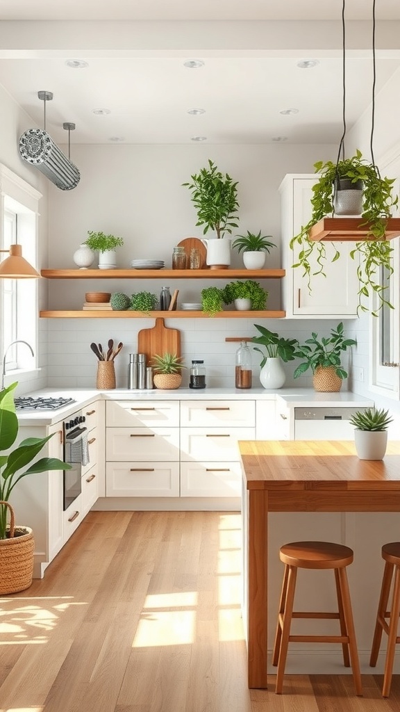 A modern farmhouse kitchen featuring wooden shelves, plants, and natural light.