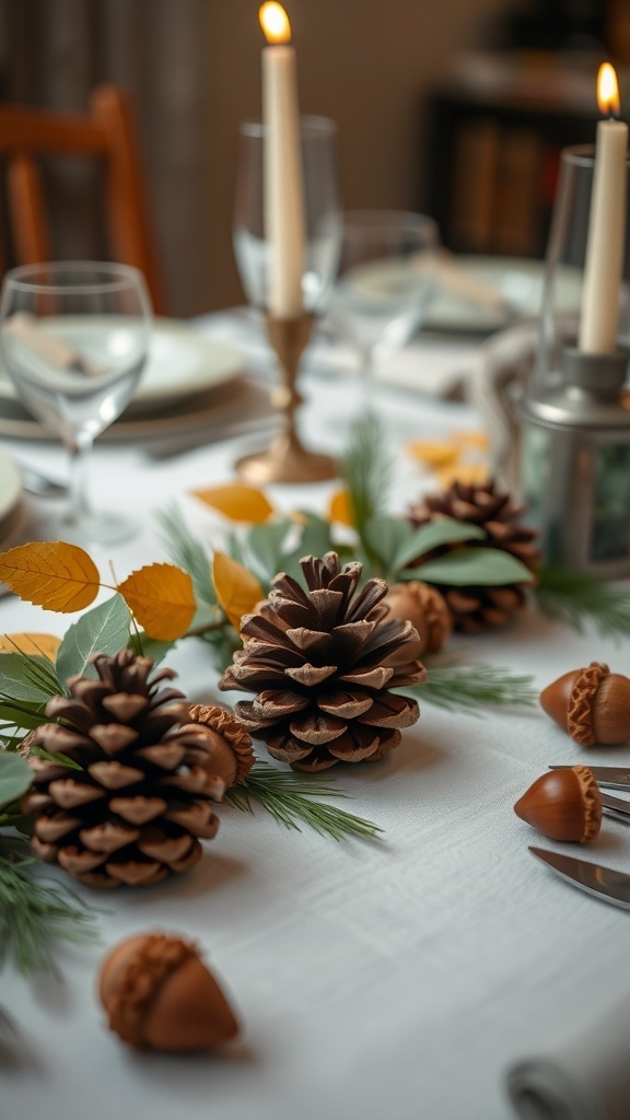 A Thanksgiving table setup featuring pinecones, acorns, and candles.
