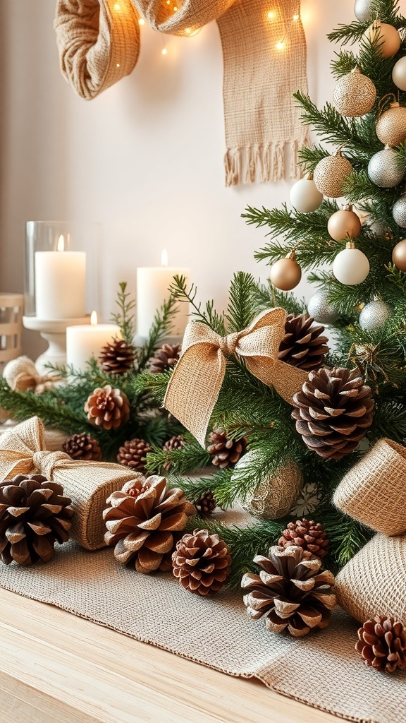 A cozy Christmas decor featuring pinecones, burlap, and a small tree.