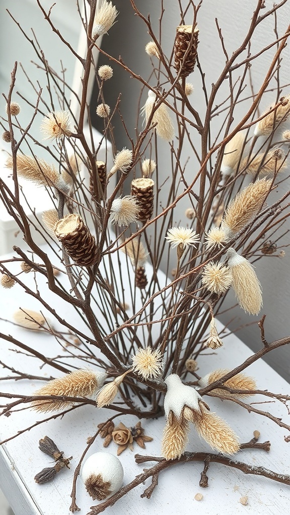 A rustic winter decoration featuring twigs, dried flowers, and wooden elements.