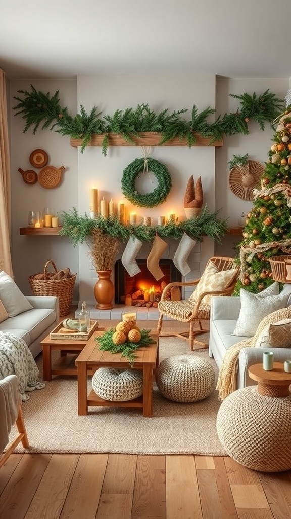 A cozy living room decorated for Christmas with natural elements like greenery, wooden furniture, and soft textures.