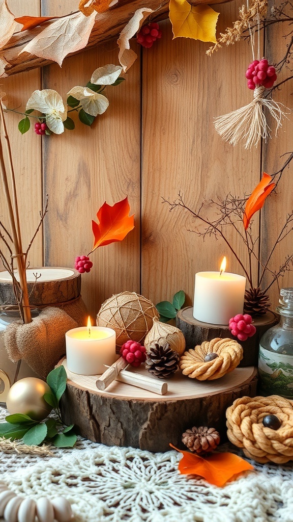 A cozy boho Christmas decor featuring candles, pinecones, and dried leaves on wooden surfaces.