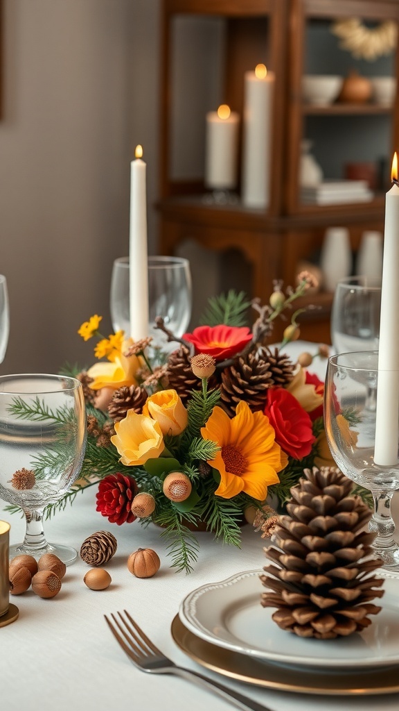 A fall-themed centerpiece featuring flowers, pinecones, and candles on a dining table.