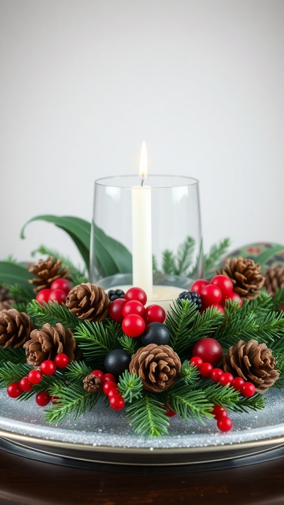 A cozy Christmas centerpiece with pinecones, berries, and a candle.