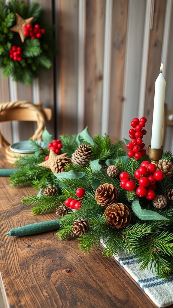 A festive table arrangement featuring pinecones, holly berries, and greenery, with a candle and a wreath in the background.