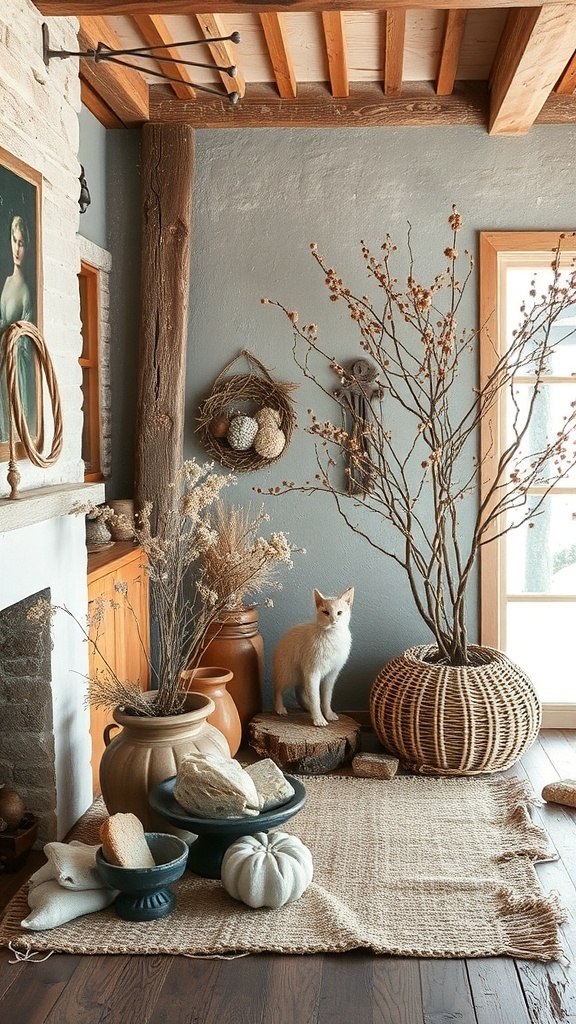 Cozy winter decor featuring natural elements like dried flowers and stones.
