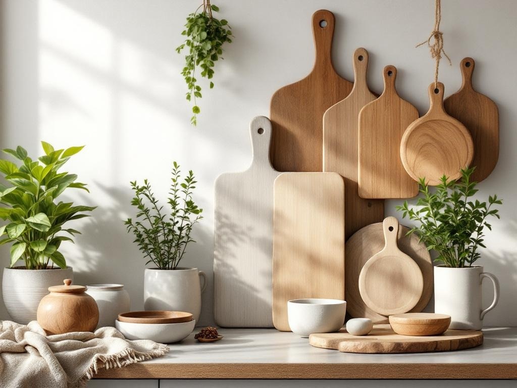 A cozy kitchen scene featuring wooden cutting boards, bowls, and green plants.