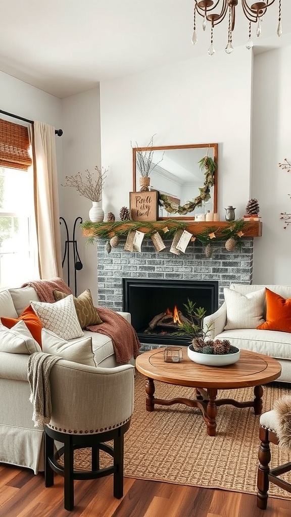 Cozy living room with natural decor elements, including a fireplace, greenery, and warm textiles.