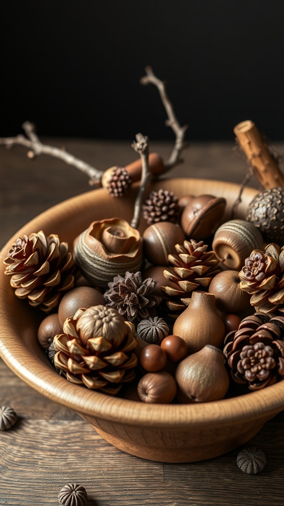 A wooden bowl filled with pinecones, acorns, and twigs, showcasing natural elements for fall decor.