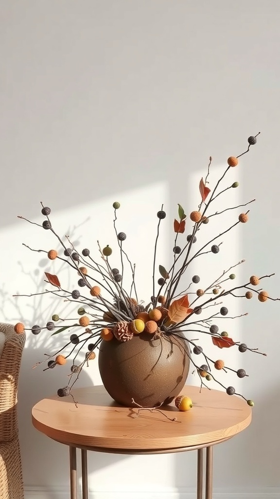 A decorative arrangement of twigs, acorns, and leaves in a vase on a wooden table.