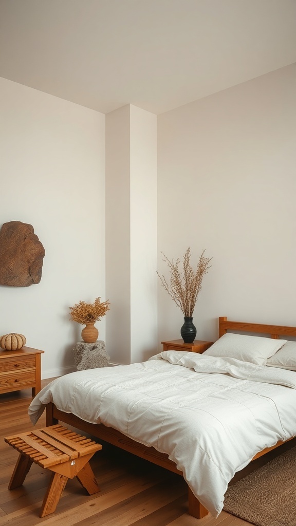 A cozy bedroom featuring wooden furniture, neutral bedding, and natural decor elements.