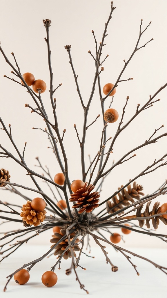 A decorative arrangement of twigs, pinecones, and orange accents, capturing the essence of autumn.