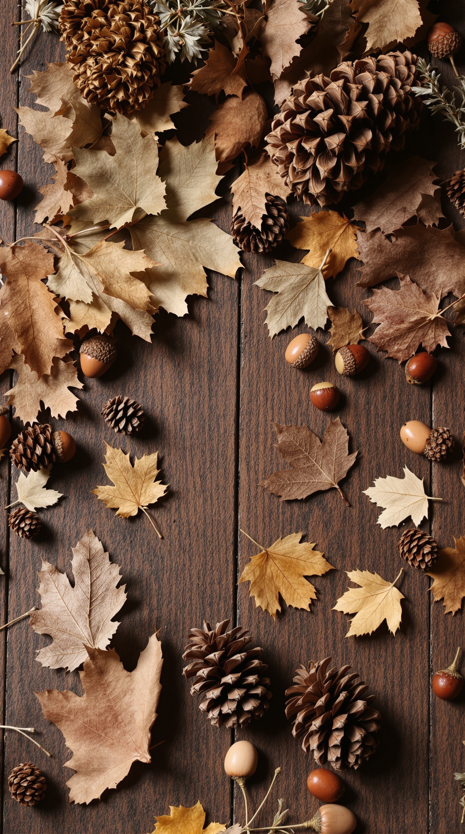 An arrangement of dried leaves, pinecones, and acorns on a wooden surface