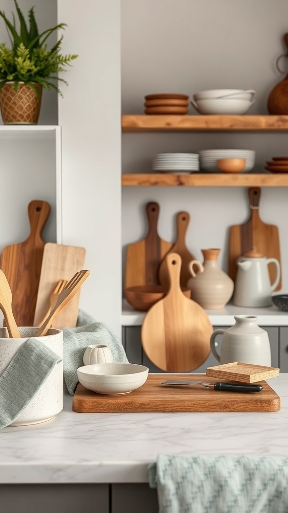 A cozy kitchen scene featuring wooden utensils, bowls, and a green plant on a marble countertop.