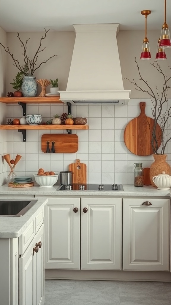 A cozy kitchen featuring wooden shelves, branches in vases, and seasonal produce.