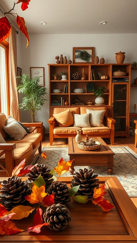 Cozy fall living room with wooden furniture, colorful leaves, and pinecones.
