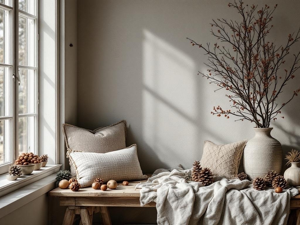A cozy corner with natural decor elements for Thanksgiving, featuring a wooden table, pillows, a vase with branches, and pinecones.