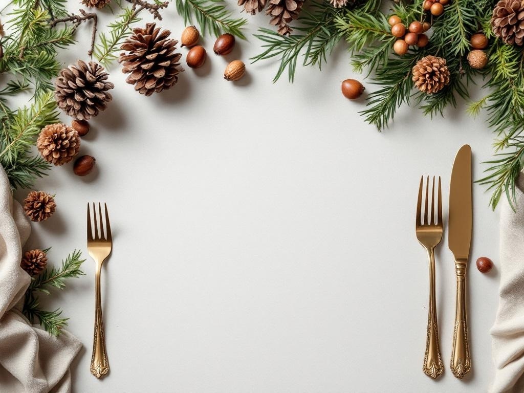 Thanksgiving table decorated with pinecones, nuts, greenery, and golden cutlery.