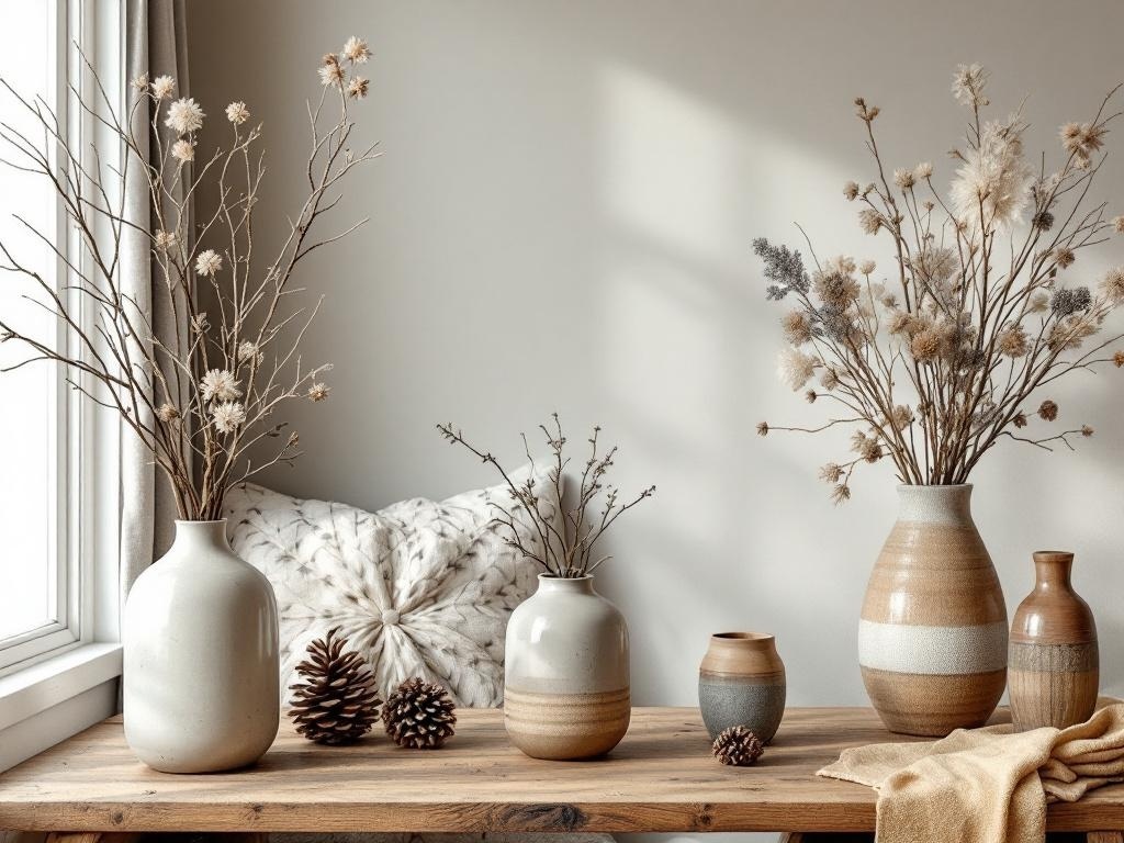 A cozy living room decor featuring vases with dried branches and flowers, pinecones, and a wooden table.