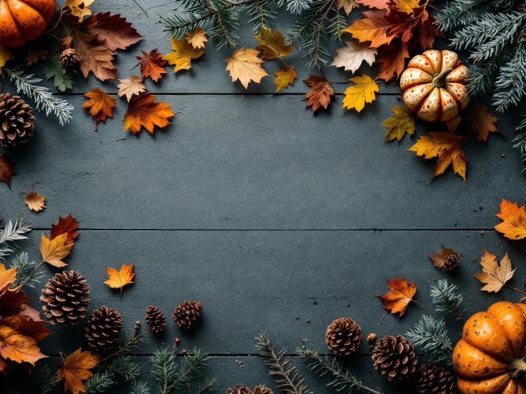 A flat lay of autumn leaves, pinecones, and pumpkins on a dark surface.
