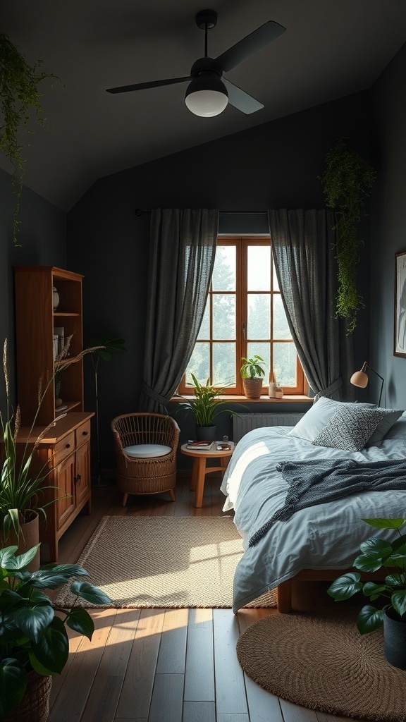 A cozy dark bedroom featuring plants, wooden furniture, and warm textures.