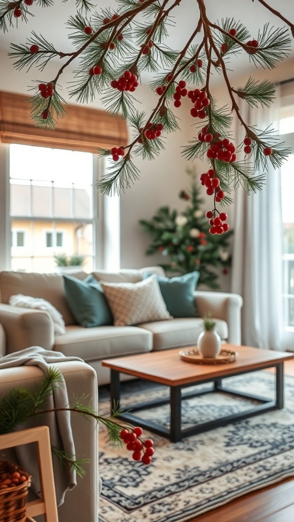 A cozy living room decorated for Christmas with pine branches and red berries.