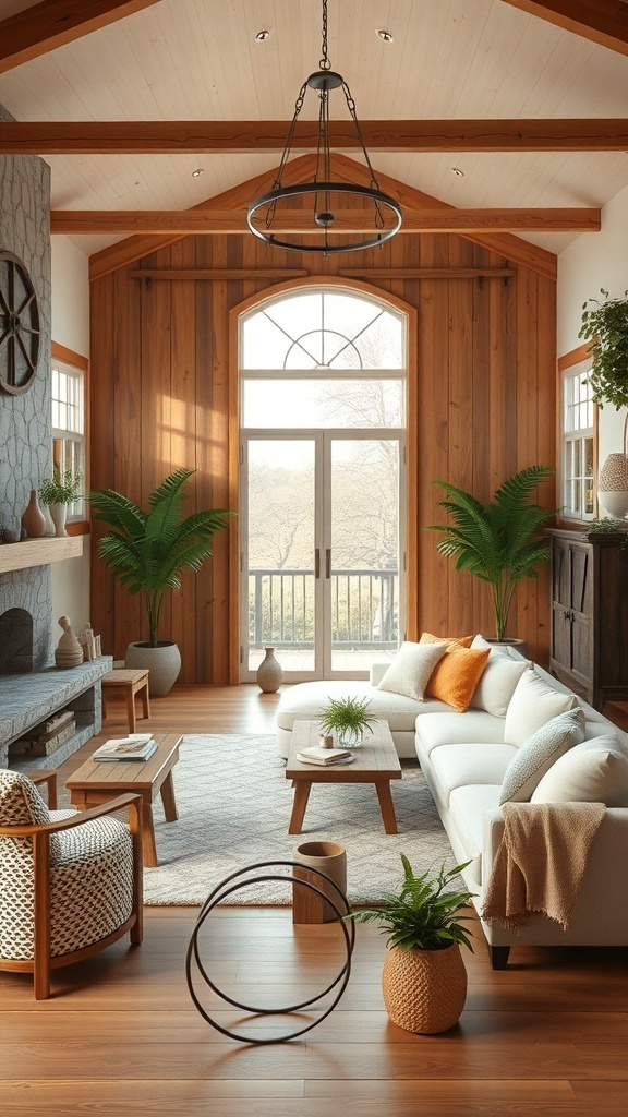 A modern farmhouse living room with wooden beams, stone fireplace, and plants.