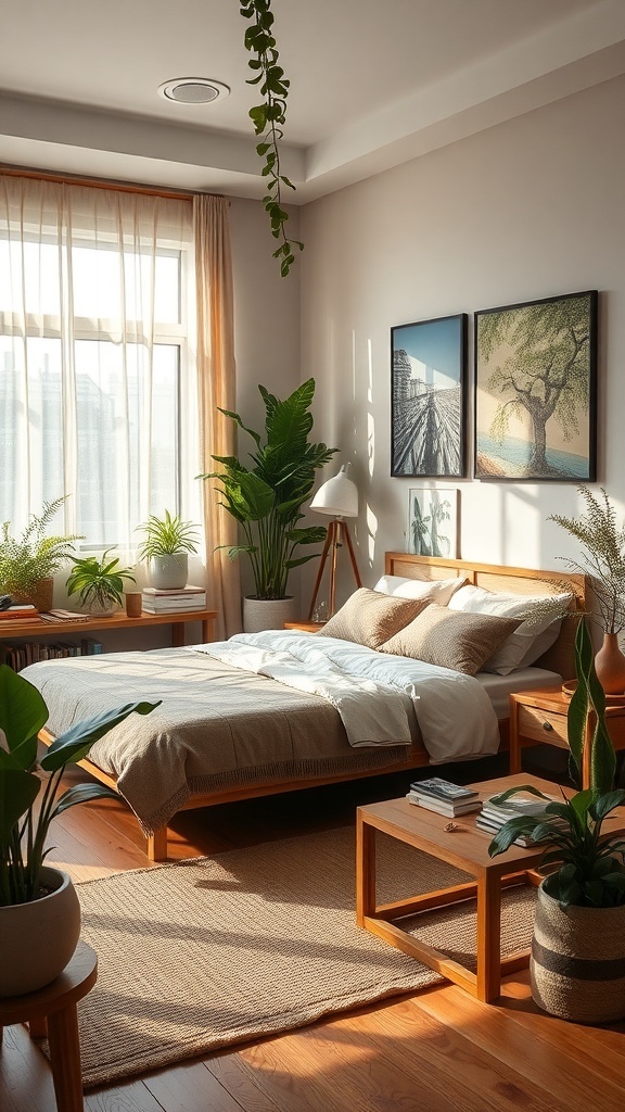 A serene bedroom featuring natural elements like plants, wooden furniture, and soft textiles.